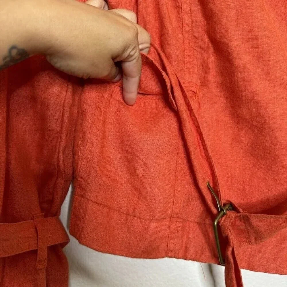 Talbots Orange Irish Linen Trench Coat Button Belted Summer Spring Jacket Sz 4P